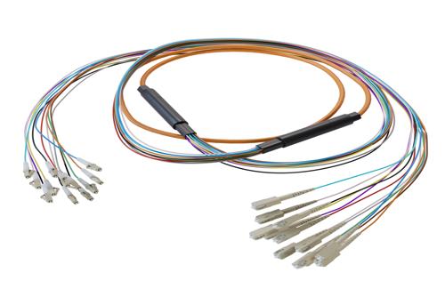 12-Fiber LC UPC to SC UPC, OM1 Multimode Distribution Cable, 6.2mm Riser, 2.0mm breakout, Orange