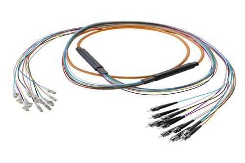 12-Fiber LC UPC to ST UPC, OM1 Multimode Distribution Cable, 6.2mm LSZH, 2.0mm breakout, Orange