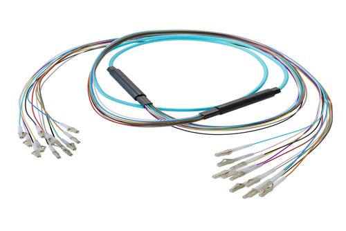 12-Fiber LC UPC to LC UPC, OM3 Multimode Distribution Cable, 6.2mm Riser, 2.0mm breakout, Aqua