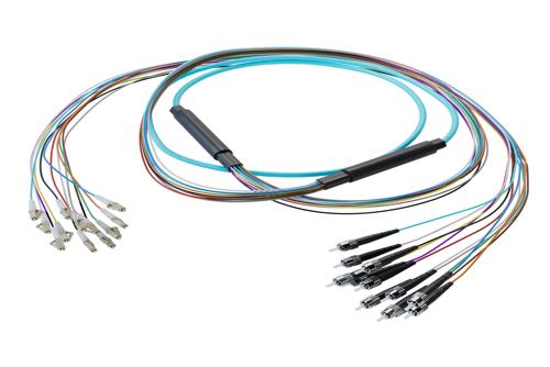 12-Fiber LC UPC to ST UPC, OM3 Multimode Distribution Cable, 6.2mm Riser, 2.0mm breakout, Aqua