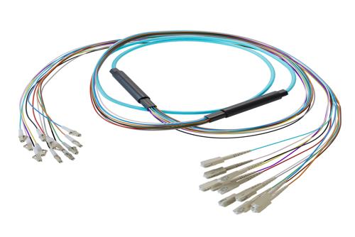 12-Fiber LC UPC to SC UPC, OM4 Multimode Distribution Cable, 6.2mm Riser, 2.0mm breakout, Aqua