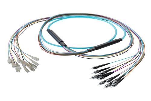 12-Fiber SC UPC to ST UPC, OM3 Multimode Distribution Cable, 6.2mm Riser, 2.0mm breakout, Aqua