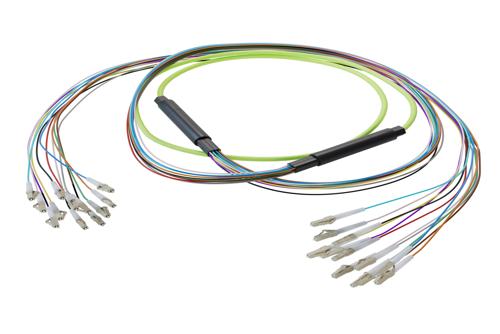 12-Fiber LC UPC to LC UPC, OM5 Multimode Distribution Cable, 6.2mm Plenum, 2.0mm breakout, Lime Green
