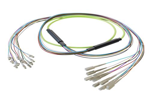 12-Fiber LC UPC to SC UPC, OM5 Multimode Distribution Cable, 6.2mm Plenum, 2.0mm breakout, Lime Green