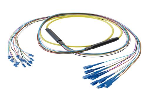 12-Fiber LC UPC to SC UPC, OS2 Single Mode Distribution Cable, 6.2mm Riser, 2.0mm breakout, Yellow