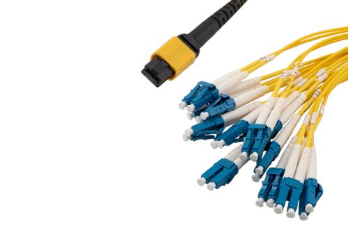 Type B MPO/UPC Female (w/o pins) to LC/UPC Clipped fan-out, 2.0mm Diameter, 24 Fiber, Single Mode OS2, OFNP Jacket