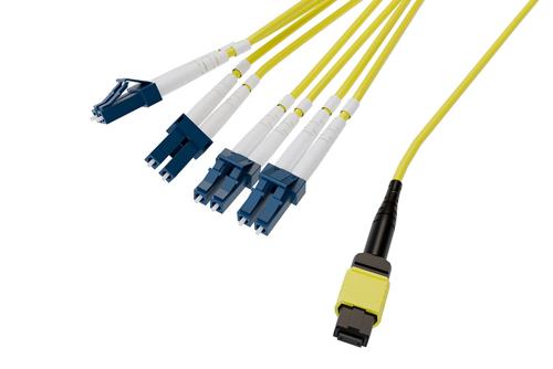 Type B MPO/UPC Female (w/o pins) to LC/UPC Clipped fan-out, 2.0mm Diameter, 8 Fiber, Single Mode OS2, OFNP Jacket