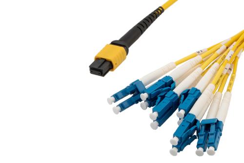 Type A MPO/UPC Female (w/o pins) to LC/UPC Clipped fan-out, 2.0mm Diameter, 12 Fiber, Single Mode OS2, OFNP Jacket