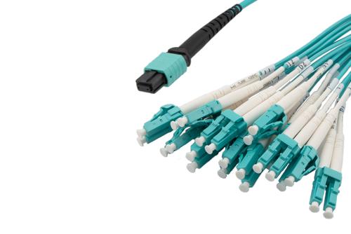 Type B MPO Female (w/o pins) to LC/UPC Clipped fan-out, 2.0mm Diameter, 24 Fiber, Multimode OM3 10GB 50/125, OFNR Jacket