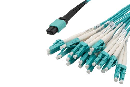 Type B MPO Male (w/pins) to LC/UPC Clipped fan-out, 2.0mm Diameter, 24 Fiber, Multimode OM4 40/100G, 50/125, LSZH Jacket