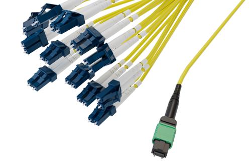 Type B MPO/APC Male (w/pins) to LC/UPC Clipped fan-out, 2.0mm Diameter, 24 Fiber, Single Mode OS2, OFNP Jacket