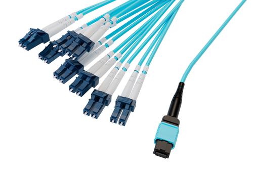 Type B MPO Female (w/o pins) to LC/UPC Clipped fan-out, 2.0mm Diameter, 16 Fiber, Multimode OM4 40/100G, 50/125, LSZH Jacket
