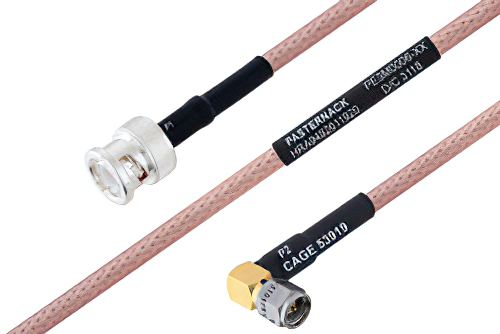 MIL-DTL-17 BNC Male to SMA Male Right Angle Cable 100 cm Length Using M17/60-RG142 Coax