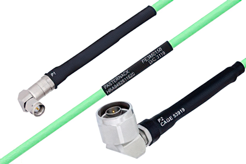 Temperature Conditioned SMA Male Right Angle to N Male Right Angle Low Loss Cable 300 cm Length Using PE-P142LL Coax