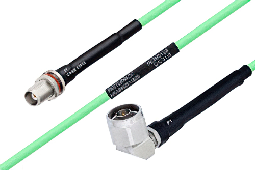 Temperature Conditioned TNC Female Bulkhead to N Male Right Angle Low Loss Cable 100 cm Length Using PE-P142LL Coax