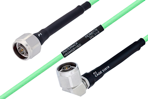 Temperature Conditioned N Male to N Male Right Angle Low Loss Cable 12 Inch Length Using PE-P142LL Coax