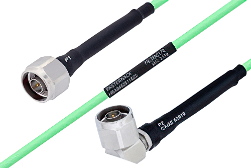 Temperature Conditioned N Male to N Male Right Angle Low Loss Cable 24 Inch Length Using PE-P142LL Coax