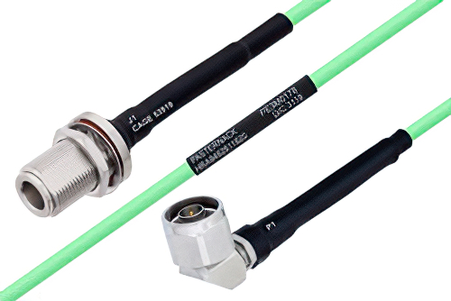 Temperature Conditioned N Female Bulkhead to N Male Right Angle Low Loss Cable 100 cm Length Using PE-P142LL Coax