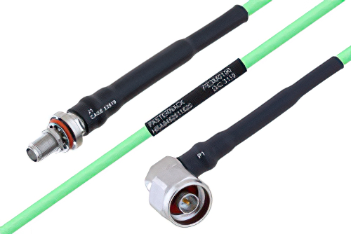 Temperature Conditioned SMA Female Bulkhead to N Male Right Angle Low Loss Cable Using PE-P160LL Coax