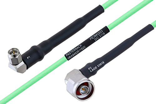 Temperature Conditioned SMA Male Right Angle to N Male Right Angle Low Loss Cable 30 Inch Length Using PE-P160LL Coax