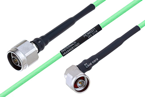 Temperature Conditioned N Male to N Male Right Angle Low Loss Cable 100 cm Length Using PE-P160LL Coax