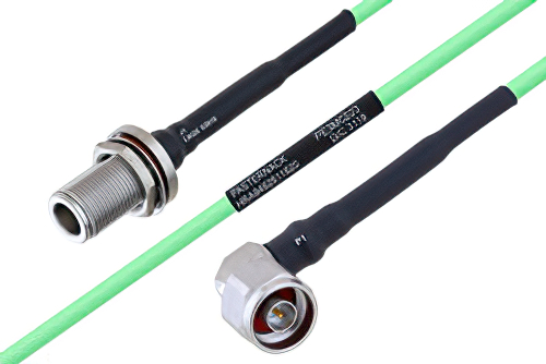 Temperature Conditioned N Female Bulkhead to N Male Right Angle Low Loss Cable 12 Inch Length Using PE-P160LL Coax
