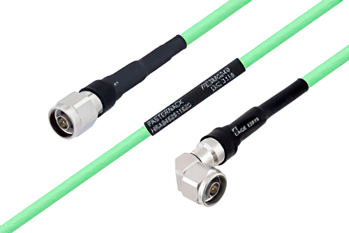 Temperature Conditioned N Male to N Male Right Angle Low Loss Cable 100 cm Length Using PE-P300LL Coax