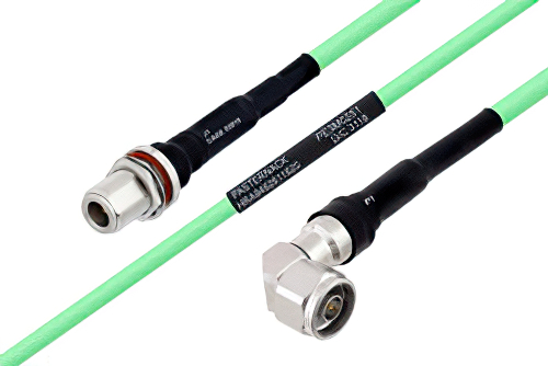 Temperature Conditioned N Female Bulkhead to N Male Right Angle Low Loss Cable 18 Inch Length Using PE-P300LL Coax