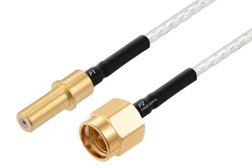 MIL Size 8 D38999 Contact Pin to SMA Male Cable Using PE-SR405FL Coax with HeatShrink, LF Solder