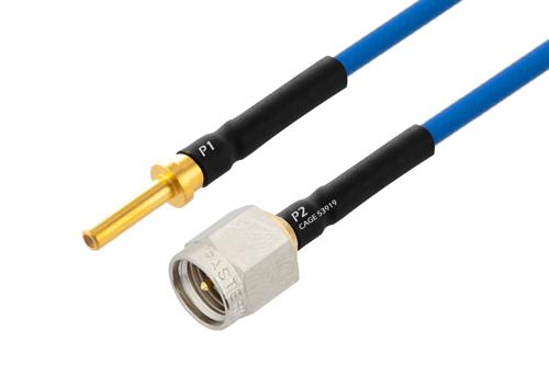 SMPS Size 16 D38999 Contact Pin to SMA Male Cable Using PE-P047 Coax with HeatShrink, LF Solder
