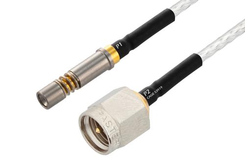 SMPM Size 12 D38999 Contact Socket to SMA Male Cable Using PE-SR047FL Coax with HeatShrink, LF Solder