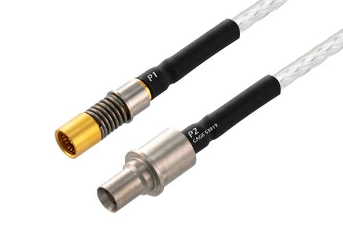 BMZ Size 8 D38999 Contact Pin (40 GHz) to BMZ Size 8 D38999 Contact Socket Cable Using PE-SR405FL Coax with Heat Shrink, LF Solder