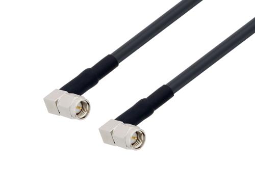 Fire Rated SMA Male Right Angle to SMA Male Right Angle Low Loss Cable Using LMR-195-FR Coax with HeatShrink, LF Solder