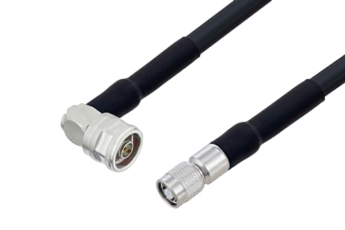 N Male Right Angle to Reverse Polarity TNC Male Cable 24 Inch Length Using LMR-400-UF Coax with HeatShrink, LF Solder