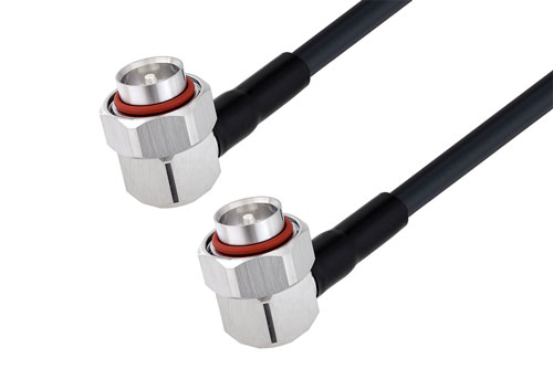 7/16 DIN Male Right Angle to 7/16 DIN Male Right Angle Low Loss Cable Using LMR-400 Coax with HeatShrink and 90 Deg. Clock