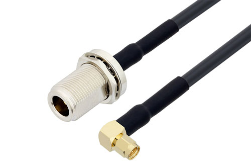 N Female Bulkhead to SMA Male Right Angle Low Loss Cable Using LMR-240 Coax with HeatShrink, LF Solder