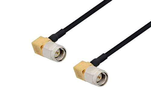 SMA Male Right Angle to SMA Male Right Angle Cable 48 Inch Length Using PE-SR405FLJ Coax with HeatShrink