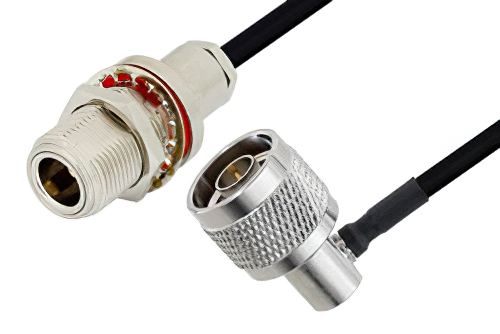 N Female Bulkhead to N Male Right Angle Cable 50 cm Length Using PE-SR402FLJ Coax