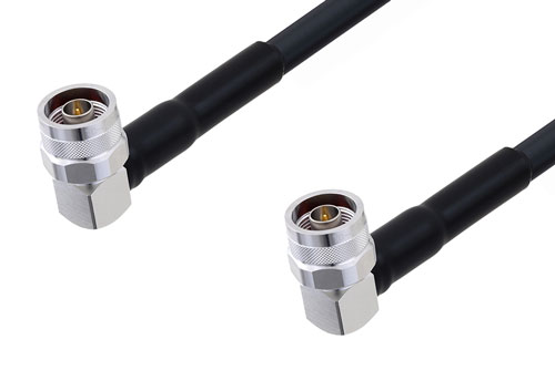 N Male Right Angle to N Male Right Angle Low Loss Cable Using LMR-400-UF Coax Times Microwave Components with HeatShrink and 180 Deg. Clock