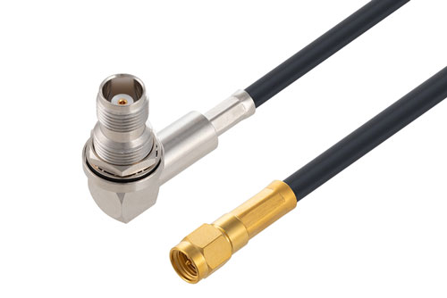 TNC Female Right Angle Bulkhead to SMA Male Low Loss Cable Using PE-C200 Coax
