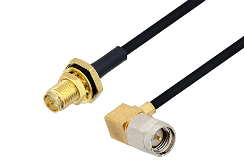 Reverse Polarity SMA Female Bulkhead to SMA Male Right Angle Cable 50 cm Length Using PE-SR405FLJ Coax