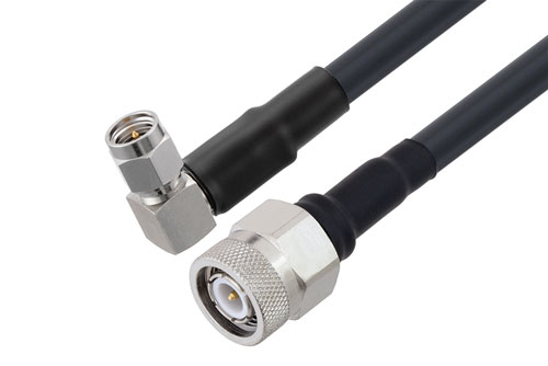 TNC Male to SMA Male Right Angle Low Loss Cable Using LMR-240-UF Coax With Times Microwave Components with HeatShrink