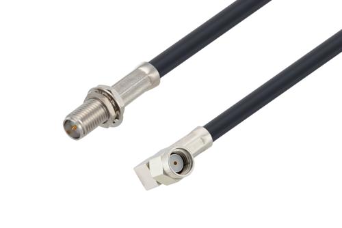 Fire Rated Reverse Polarity SMA Jack Bulkhead to Reverse Polarity SMA Plug Right Angle Low Loss Cable Using LMR-195-FR Coax