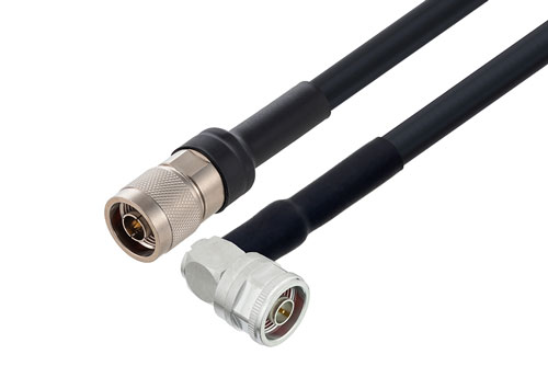 N Male Right Angle to N Male Low Loss Cable Using LMR-400-UF Coax with HeatShrink