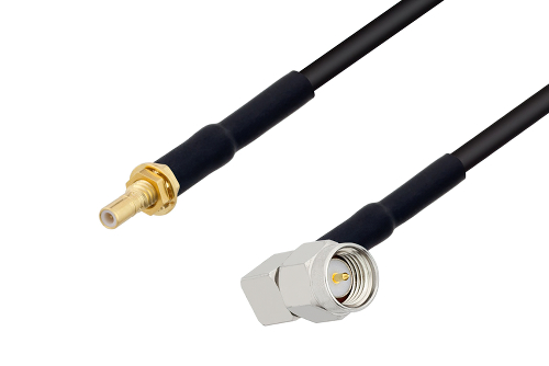 SSMB Jack Bulkhead to SMA Male Right Angle Cable 12 Inch Length Using LMR-100 Coax with HeatShrink, LF Solder