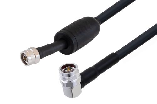 Waterproof IP68 N Male (Plug) Right Angle to N Male (Plug) Low Loss Cable 48 Inch Length Using LMR-400 Coax with Times Microwave Components