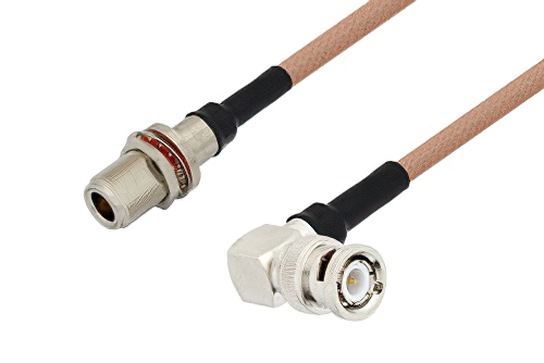 N Female Bulkhead to BNC Male Right Angle Cable 12 Inch Length Using RG400 Coax with HeatShrink, LF Solder