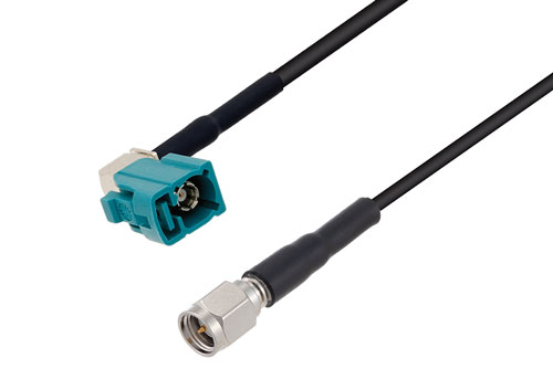 Water Blue FAKRA Jack Right Angle to SMA Male Cable Using RG174 Coax with HeatShrink