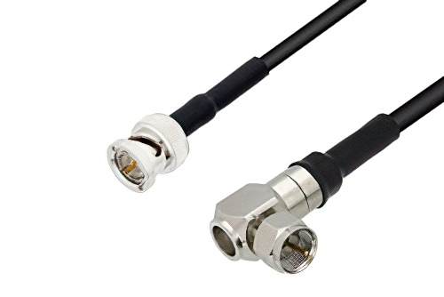 75 Ohm BNC Male to 75 Ohm F Male Right Angle Cable Using 75 Ohm PE-B159-BK Black Coax with HeatShrink