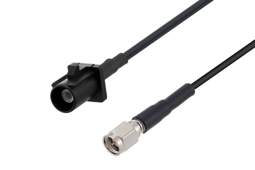 Black FAKRA Plug to SMA Male Low Loss Cable Using LMR-100 Coax, LF Solder